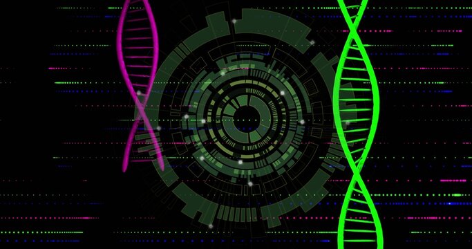 Displaying circular data interface on dark field, with two-color DNA helices and lines and dots