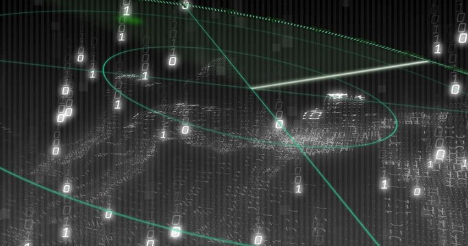 Tracing neon green curves encircling 3D mesh in data space, with binary digits, white trajectories