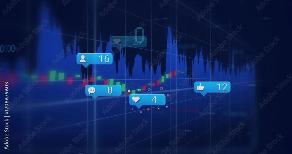 Poster 3d candlestick chart surging line graph causing floating engagement bubbles illustrating growth