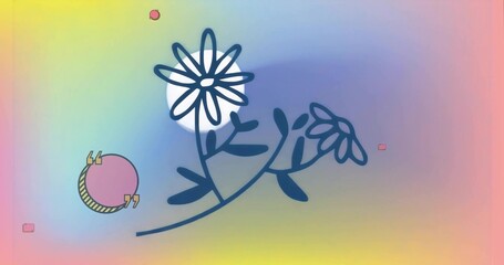 Dark-blue floral outline with daisies flowing over pastel gradient, with shapes  and  pink quote bad