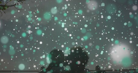 Sitting couple wearing winter coats admiring snow at nighttime park bench, with railing behind