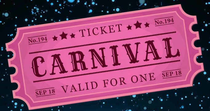 Floating pink carnival ticket showing scalloped edges, printed text against navy backdrop