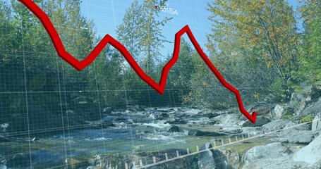 Displaying red line chart arrow trending downward over rocky forest river, with translucent grid