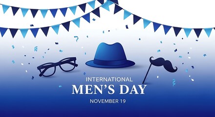 International mens day celebration with hat, glasses, and mustache decoration on blue background with confetti and bunting