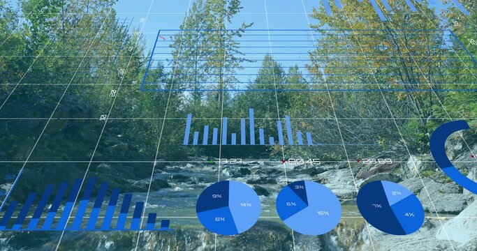 Fototapeta Flowing creek cascading over rocks amid forest with 3D grid displaying blue bar and pie charts