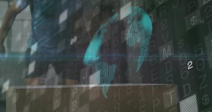 Projecting interface overlaying man in t-shirt and shorts at control room with holographic Earth