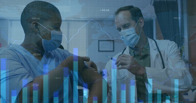 Injecting physician administering vaccine into patient arm at vaccination clinic, with data overlay