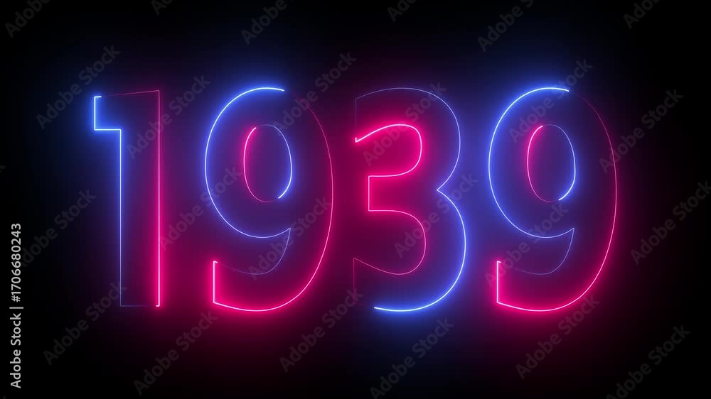 Aufkleber 1939 neon line text animation. 1939 year text effect with neon glow. colorful 1939 typography effect