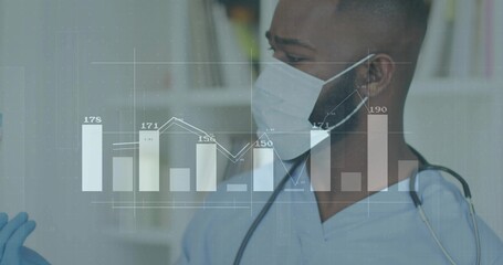 Doctor wearing scrubs analyzing patient metrics in clinic with mask, stethoscope and data overlay