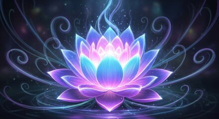 Fototapeta premium A vibrant, glowing lotus flower, bathed in ethereal light, with swirling, elegant patterns, exudes a serene and magical ambiance.