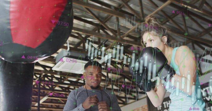 Practicing boxer punching bag in gym with gloves, stopwatch coach and floating metrics, copy space - Powered by Adobe