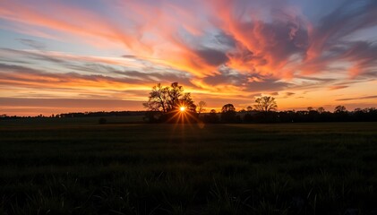 Dramatic Sunset Sky Over Rural Field with Silhouetted Tree