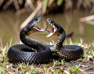 Fototapeta premium Two black snakes facing each other, mouths agape