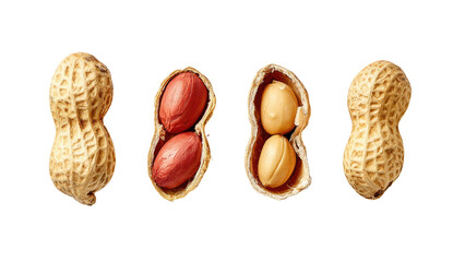 Four peanuts, two whole and two halved, displayed against a black background.  The halved peanuts reveal the reddish-brown inner nut.  A slight outline highlights each peanut
