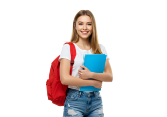 Happy Young Student With Red Backpack And Blue Book - Isolated On White Background