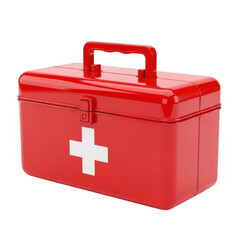 Red first aid kit with white cross symbol for emergency medical supplies and safety transparent background