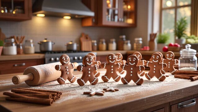 Festive gingerbread men cookies with icing decoration on kitchen counter for Christmas holiday baking 