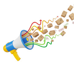 Megaphone broadcasting packages and vibrant wavy lines suggesting communication and delivery transparent background