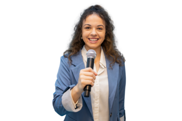 Young businesswoman smiling and holding microphone, making an announcement or giving a presentation on a transparent background