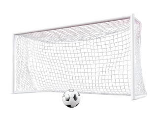 Soccer goal with ball, net torn