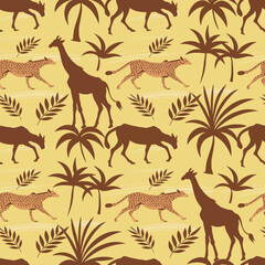 Dynamic wildlife pattern features giraffes and cheetahs roaming in a tropical setting, offering a stylish, nature-inspired design for fabric and home decor purposes.