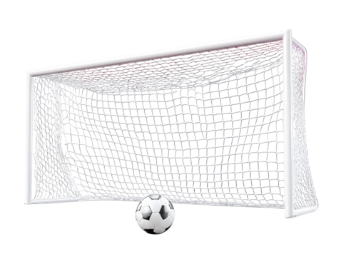 Soccer goal with ball, net torn