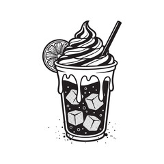 Iced coffee or soda float with whipped cream and lemon slice, black and white graphic vector illustration.
