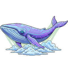 Digital Cetacean illustration of a blue whale with circuit board patterns floating on clouds