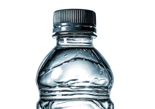 Close-up of a clear plastic water bottle cap and upper body