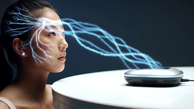 Woman using futuristic brain device.