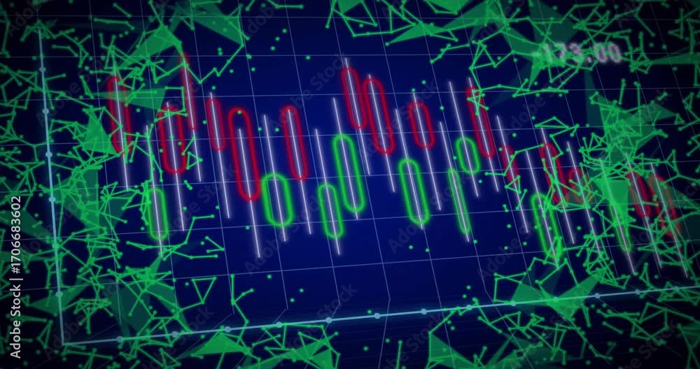 Poster 3d grid appearing with candlestick while neon mesh forming and fading showing numeric market shift