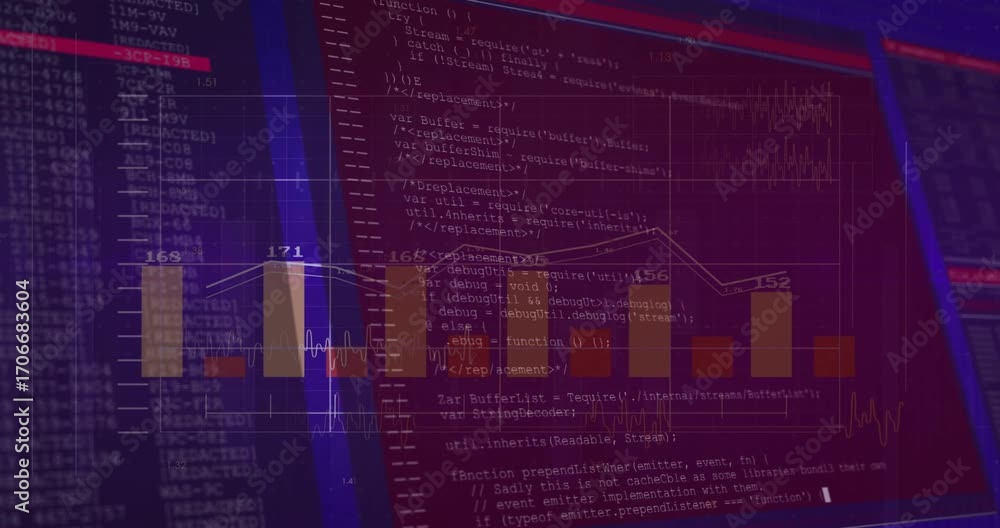 Fototapete on opening chart, overlay sliding with bars and line updating, code scrolling showing data trends