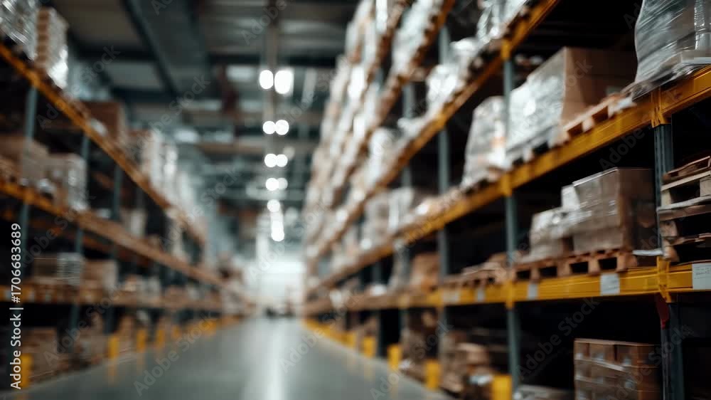 Poster Medium shot of neatly stacked items on a large rack with the foreground product in sharp focus against a soft background blur in a spacious warehouse.