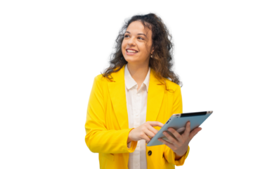 Young manager wearing yellow jacket using digital tablet, looking away and smiling, on a transparent background