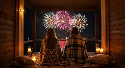People Watching Fireworks From Cabin