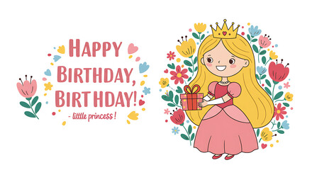 Obraz premium Happy Birthday Little Princess Flat Art Isolated on White Background