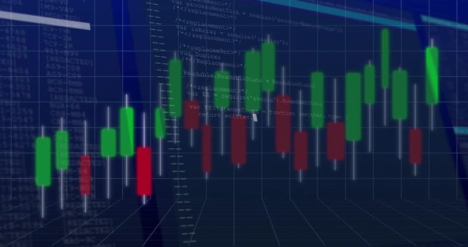 On first second 3D candlestick chart emerging tilting with code scrolling visualizing trading