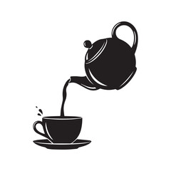 Teapot pouring hot tea or coffee into a cup on a saucer. Black and white silhouette icon, simple graphic vector illustration for a cafe menu.
