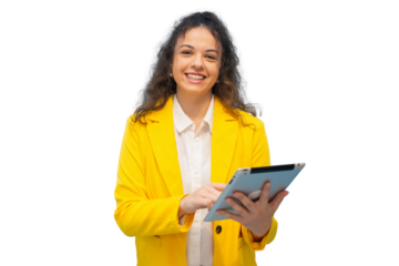Smiling businesswoman using digital tablet with transparent background, ideal for easy compositing