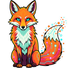 Obraz premium Vibrant illustration of a futuristic cyber fox with glowing blue eyes and a digital circuit tail