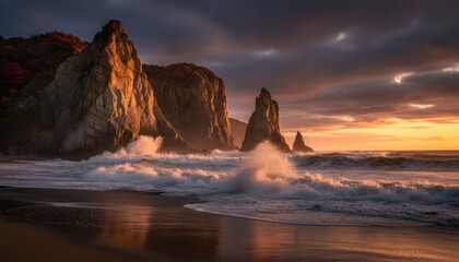 Ocean Rock Formation Waves at Sunset