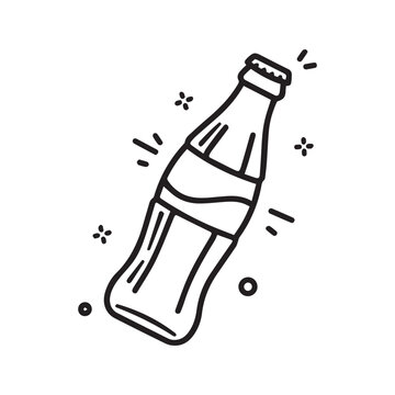 Classic cola bottle icon, sparkling fizzy soda drink, simple black and white line art vector illustration
