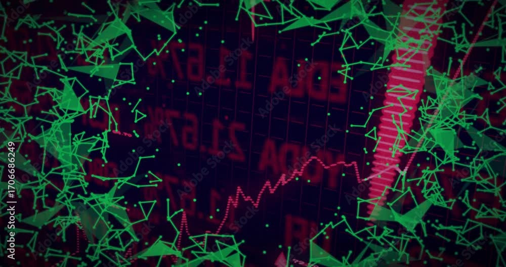 Aufkleber white arrow appearing driving red bar rising and green network pulsing, visualizing data growth