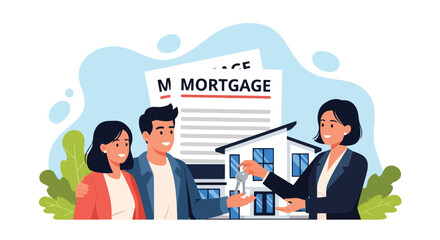 Flat illustration of a couple receiving house keys from an agent in front of a mortgage contract and home, symbolizing real estate purchase, housing loans, and financial agreements