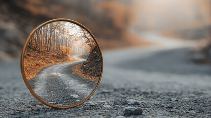 Obraz premium A round mirror reflects a winding autumnal road through a forest
