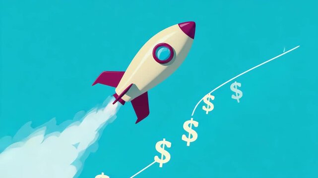 Startup Rocket Boosting Revenue Business Growth and Finance Success Concept on Blue Background