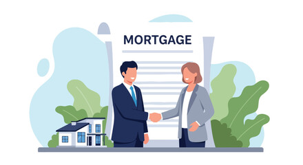 Flat illustration of two people shaking hands in front of a large mortgage agreement and house, symbolizing property purchase, home loans, real estate contracts, and successful financial partnerships