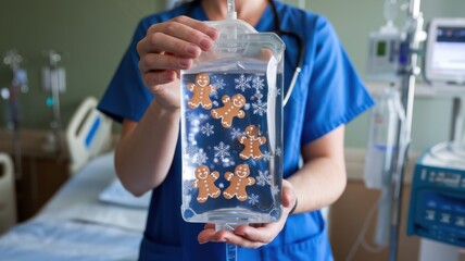 Medical Professional Holding IV Bag with Gingerbread Cookie Design