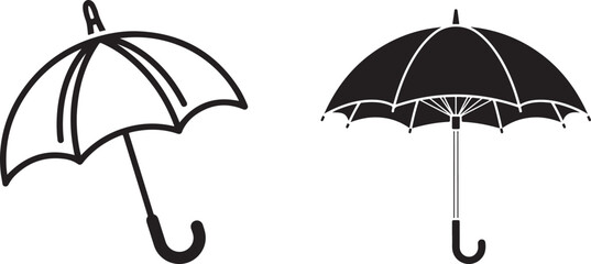 Pair of Open Umbrella Icons, Line Art and Solid Fill Style