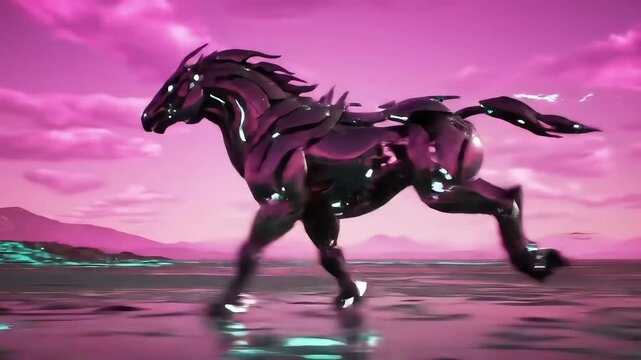 Cybernetic robotic stallion sprinting across a surreal neon sci-fi landscape